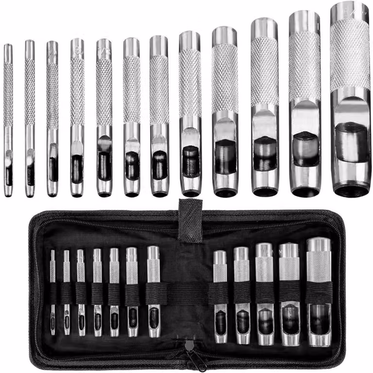 Set di punzoni Locheisen, 12 pezzi, in acciaio, da 3 a 19 mm, per cuoio, cinturini di orologi, cinture, tessuti, fornito in custodia