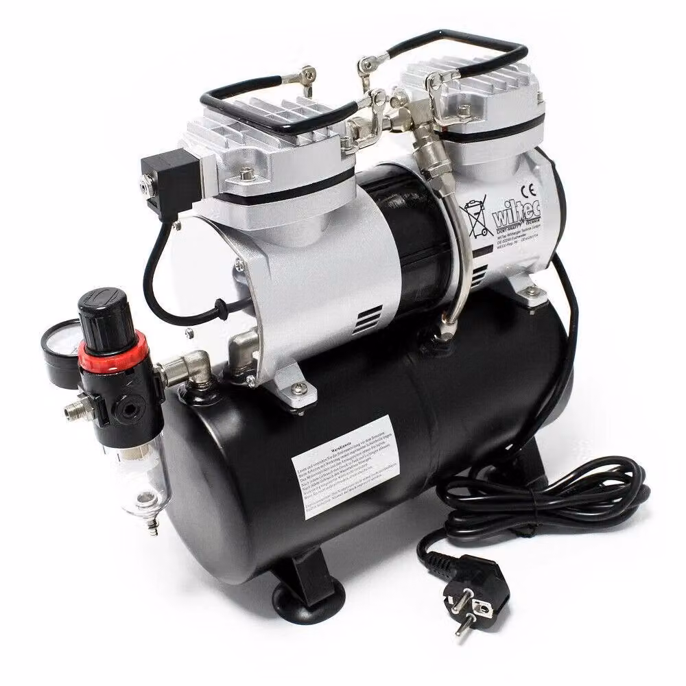 Compressore per aerografo bicilindrico con serbatoio e spegnimento automatico, colore argento – 2