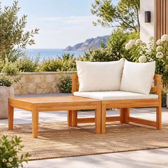 2-piece Garden Lounge Set With Cushions, Cream White, Acacia Wood