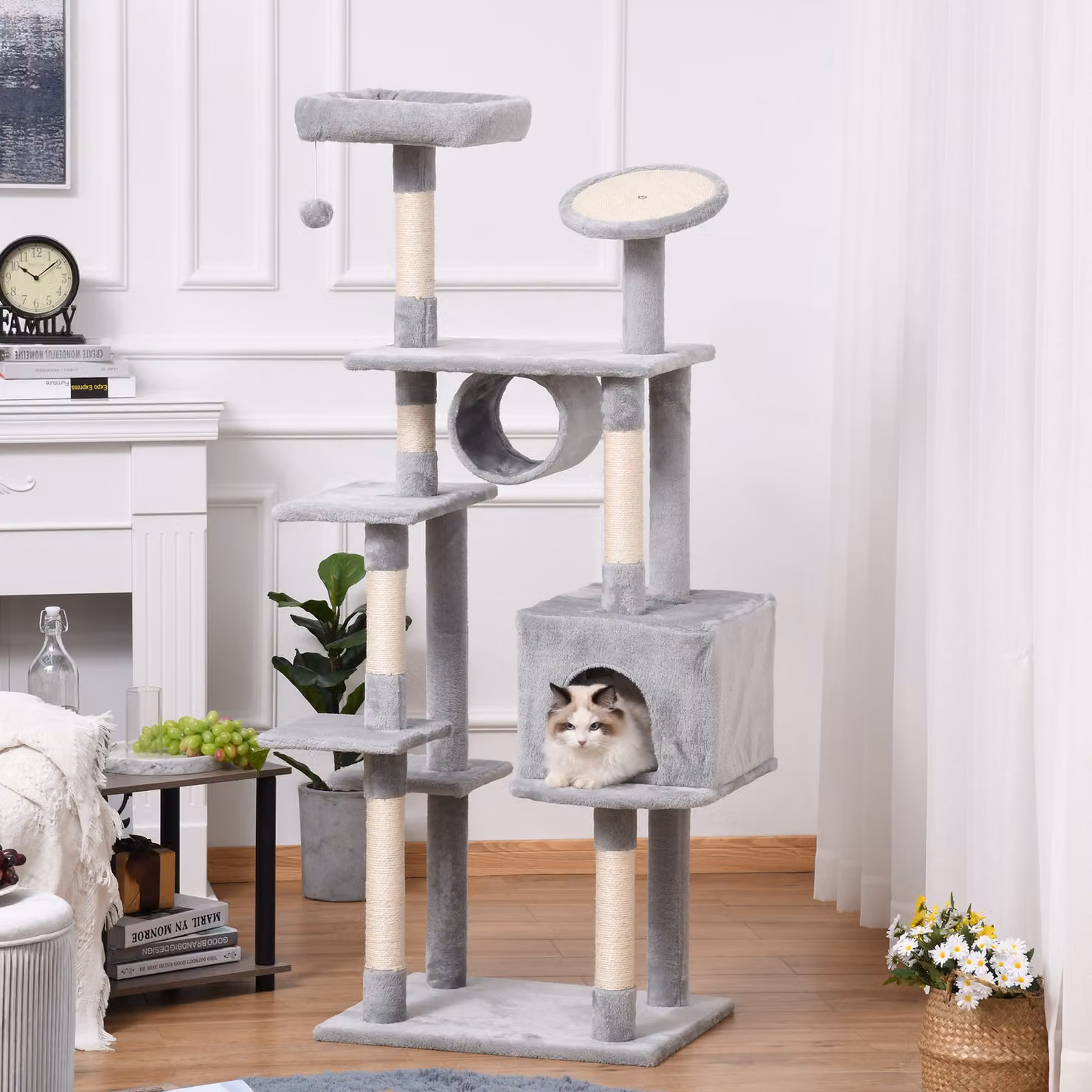 Tiragraffi per gatti a più livelli Aosom con pali in sisal e rivestimento in peluche, Altezza: 165 cm, Grigio Chiaro – 2