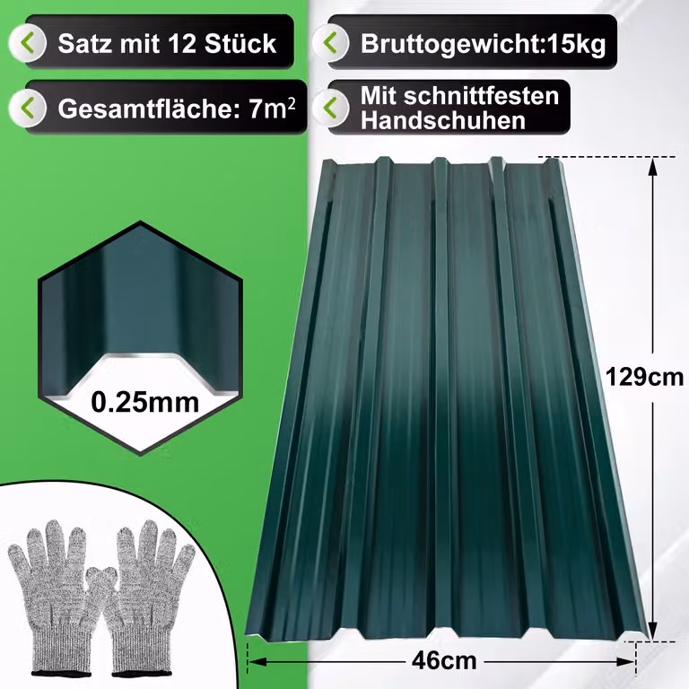 Ikodm, 12 pezzi di lamiera grecata per tetti, profilata, in metallo, inclusi guanti resistenti al taglio, dimensioni 129x46 cm, spessore 0,25 mm, superficie 7 m², colore verde