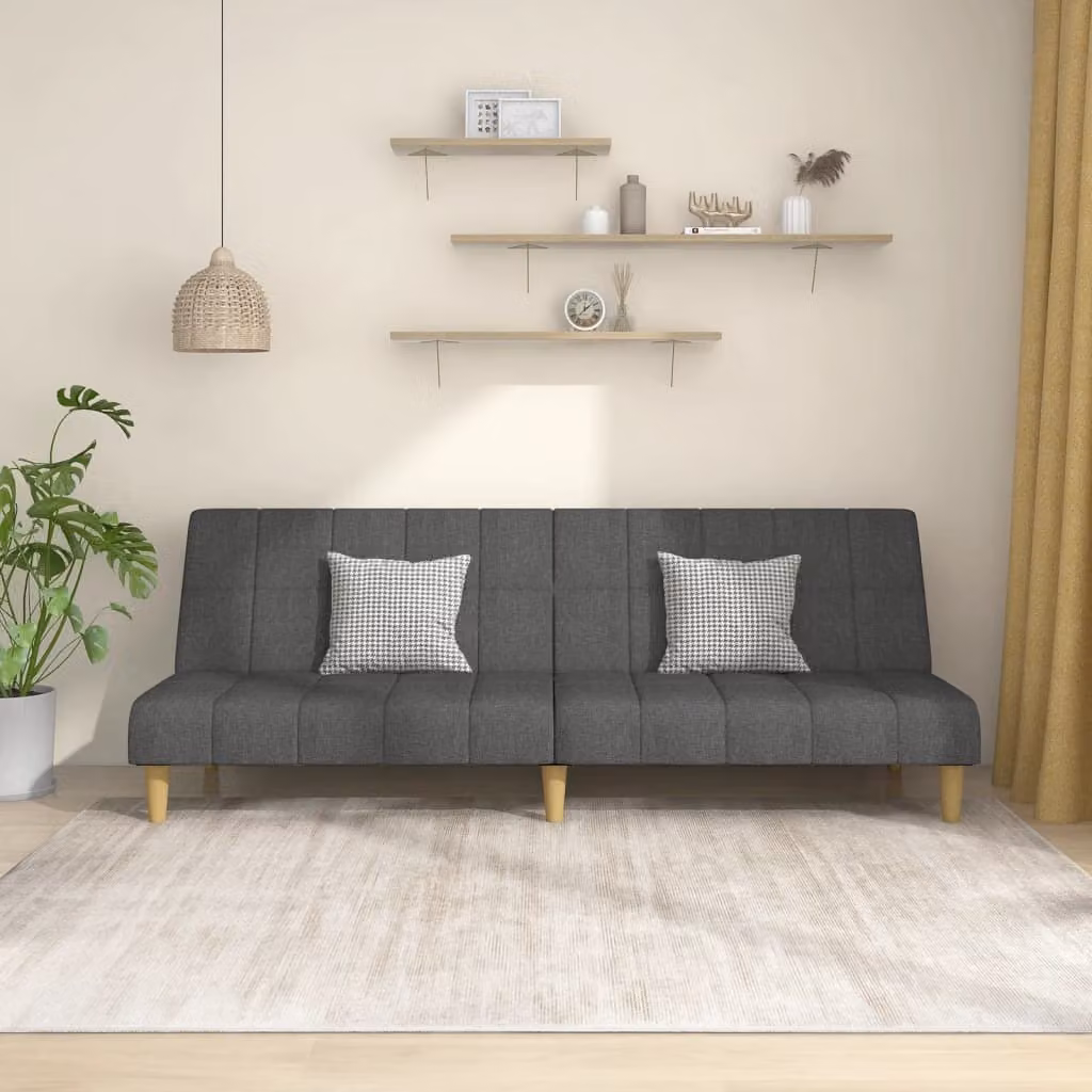 Divano letto 2 posti, colore grigio scuro, rivestito in tessuto