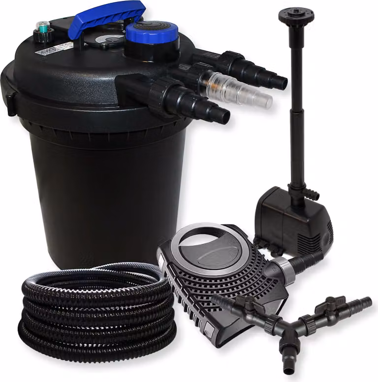 Set completo SunSun: filtro a pressione per laghetti CPF-250 fino a 10000L con chiarificatore per laghetti da 11W, pompa per laghetti NEO10000 da 10000l/h 80W, tubo per laghetti da 25m da 25 mm (1"), pompa per fontane HJ-943 ECO da 800l/h 16W, distributor