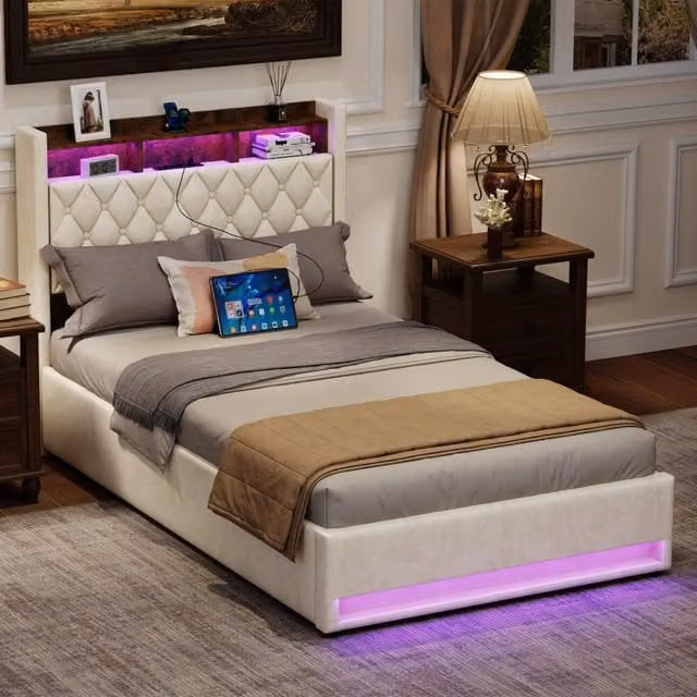 Letto matrimoniale imbottito in velluto beige con rete a doghe 140x200 cm