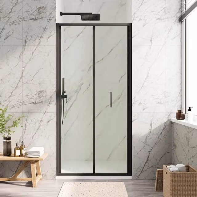 Porta doccia 80cm con apertura a libro profili slim nero opaco vetro 6mm trasparente h190 | Portofino