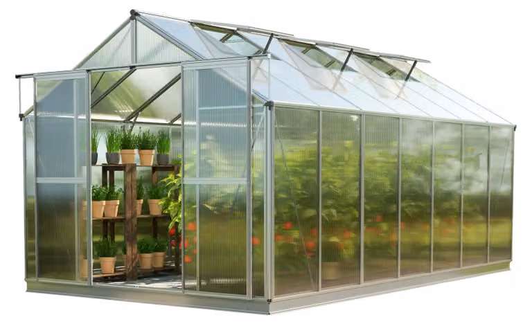 GFP Serra Topas 7 telaio in alluminio 225 x 449 cm, lastre a doppia parete di 8 mm, con apri-finestra automatico e telaio di fondazione