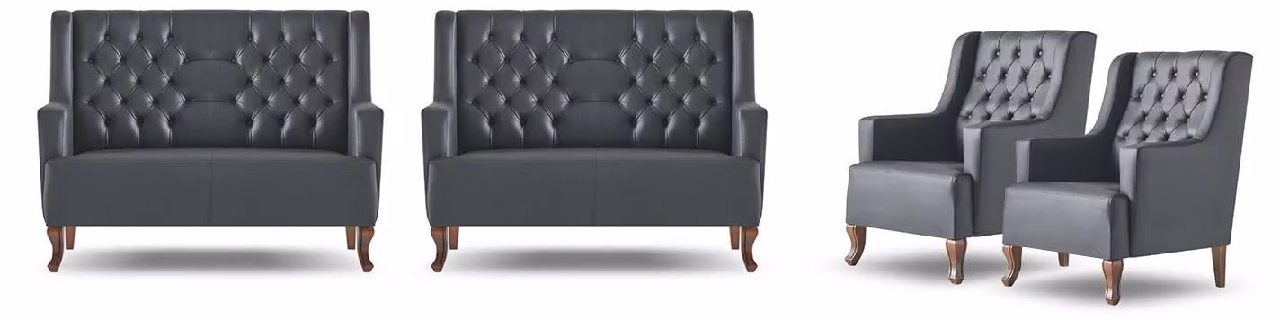 Komplett Chesterfield Sofa-Set Schwarz 2-Sitzer Sessel Leder Sitzmöbel