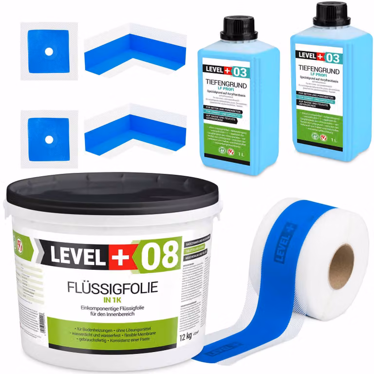 Kit di impermeabilizzazione Foglio liquido 12 kg Nastro sigillante 5 mb Nastro sigillante 2 l Primer Doccia in bagno - LEVEL+ SET329