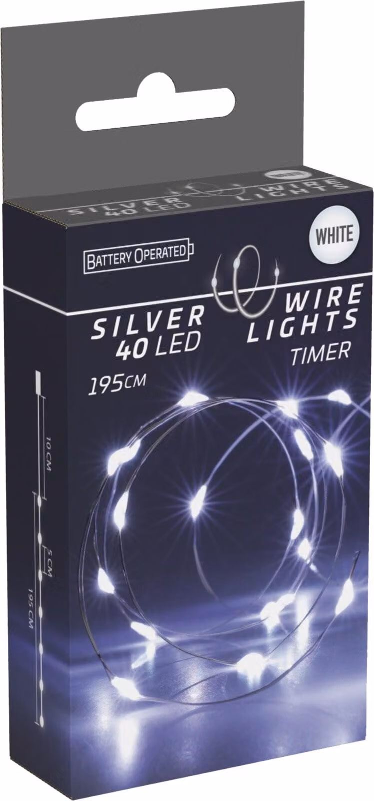 Fata LED bianco freddo, a batteria, 40 LED, filo argentato, per interni, 1,95 m