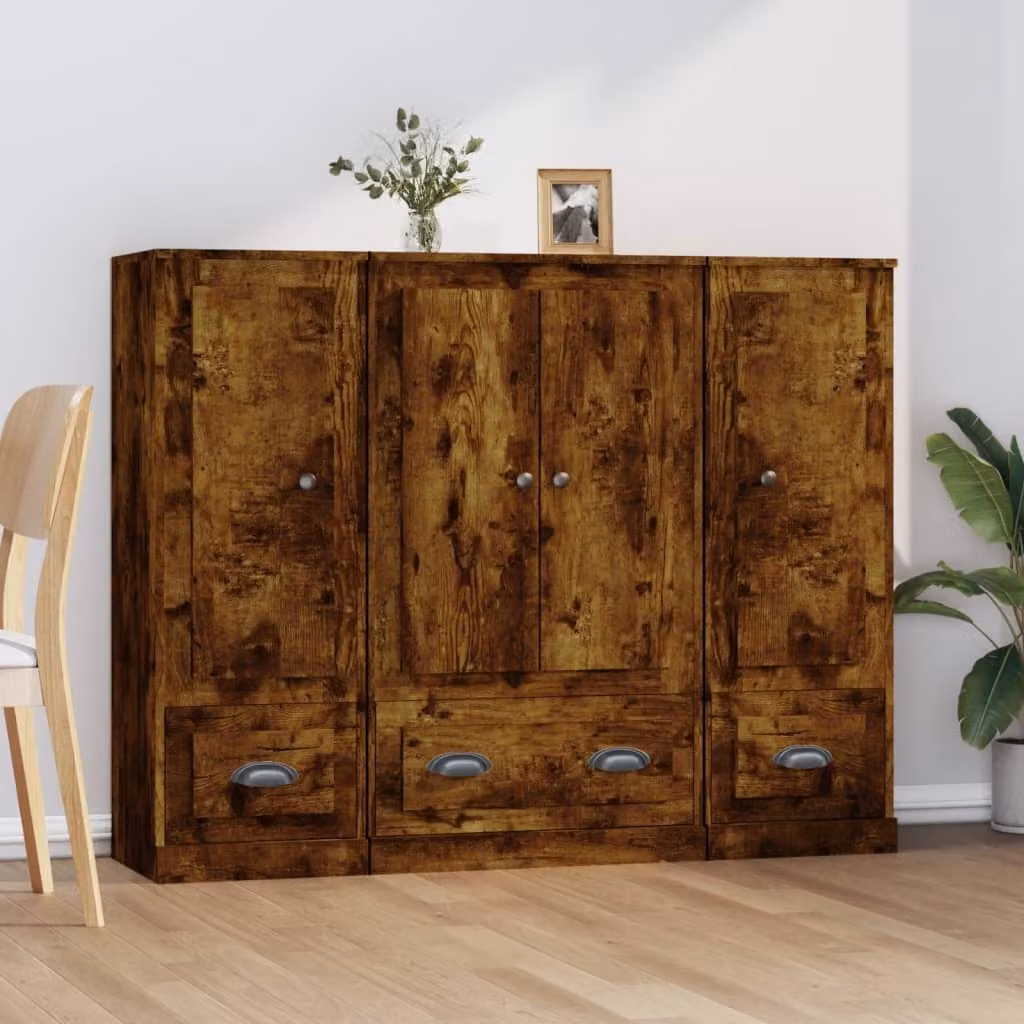 Set di 3 credenze vidaXL in legno multistrato Rovere Fumo, design minimalista, colore marrone, da appendere a parete