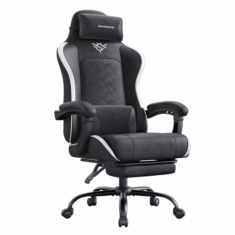 Sedia da gaming SONGMICS, sedia da ufficio ergonomica con poggiapiedi, fino a 150 kg, 70 x 70 x 123,5-133 cm, nera