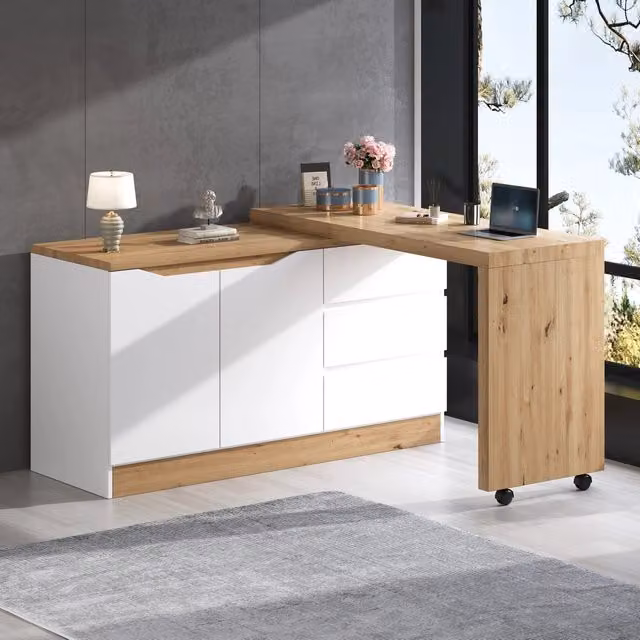 Scrivania Angolare con Ruote ¨C Minimal ¨C Bianco Rovere, Piano Girevole Regolabile, Pieghevole, Multistrato