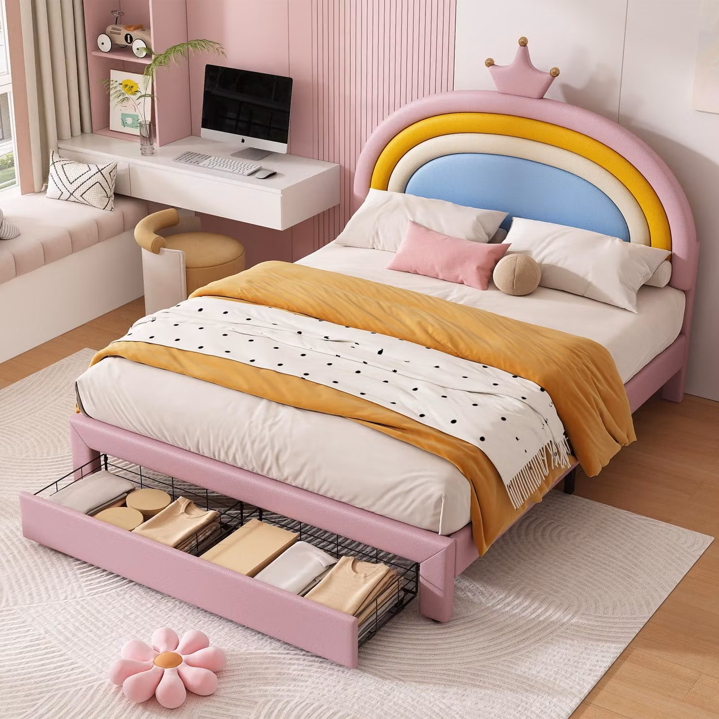 Letto imbottito per bambini, 140 x 200 cm, con due cassetti, rivestito in ecopelle rosa e con testiera regolabile a diverse altezze, decorata con un motivo a forma di arcobaleno