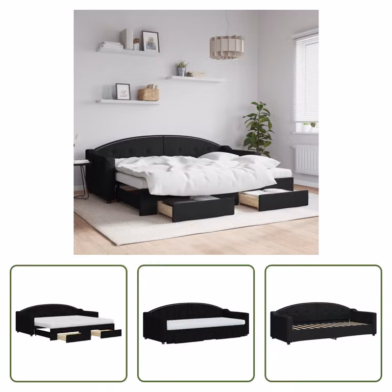 The Living Store Lettino allungabile con cassetti nero 80x200 cm in tessuto