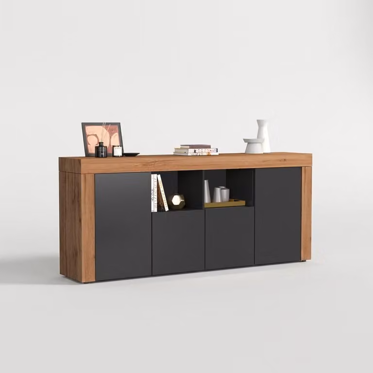 Mobile contenitore moderno con 4 ante e vani a giorno, modello Syvara - colore antracite