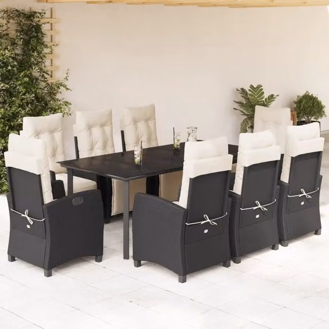 Set da pranzo da giardino vidaXL in polyrattan nero con cuscini e tavolo in vetro per 9 persone