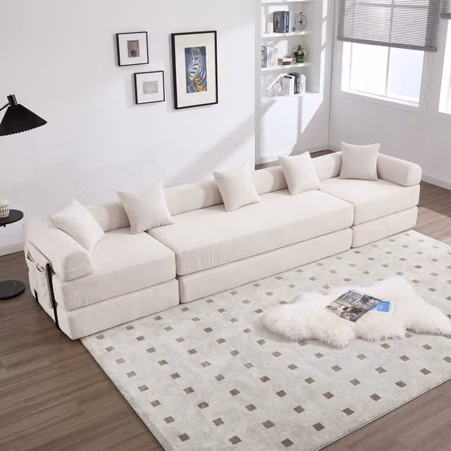 Divano modulare convertibile con funzione letto tasca laterale e seduta imbottita in velluto a coste beige