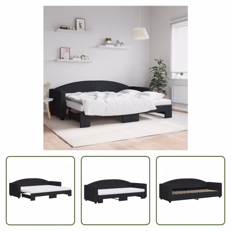 The Living Store Lettino allungabile con materassi nero 80x200 cm in tessuto