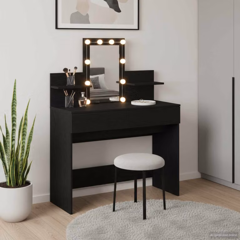 vidaXL Tavolo da Trucco Moderno con LED Hollywood Nero L: 100 cm, P: 40 cm, H: 130 cm