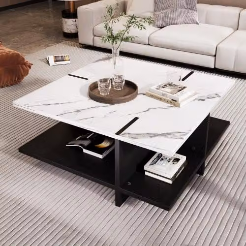 Tavolino AIORBER, quadrato, moderno e minimalista, design bianco e nero con ripiani, per soggiorno, studio, 72x 32x 72cm, bianco
