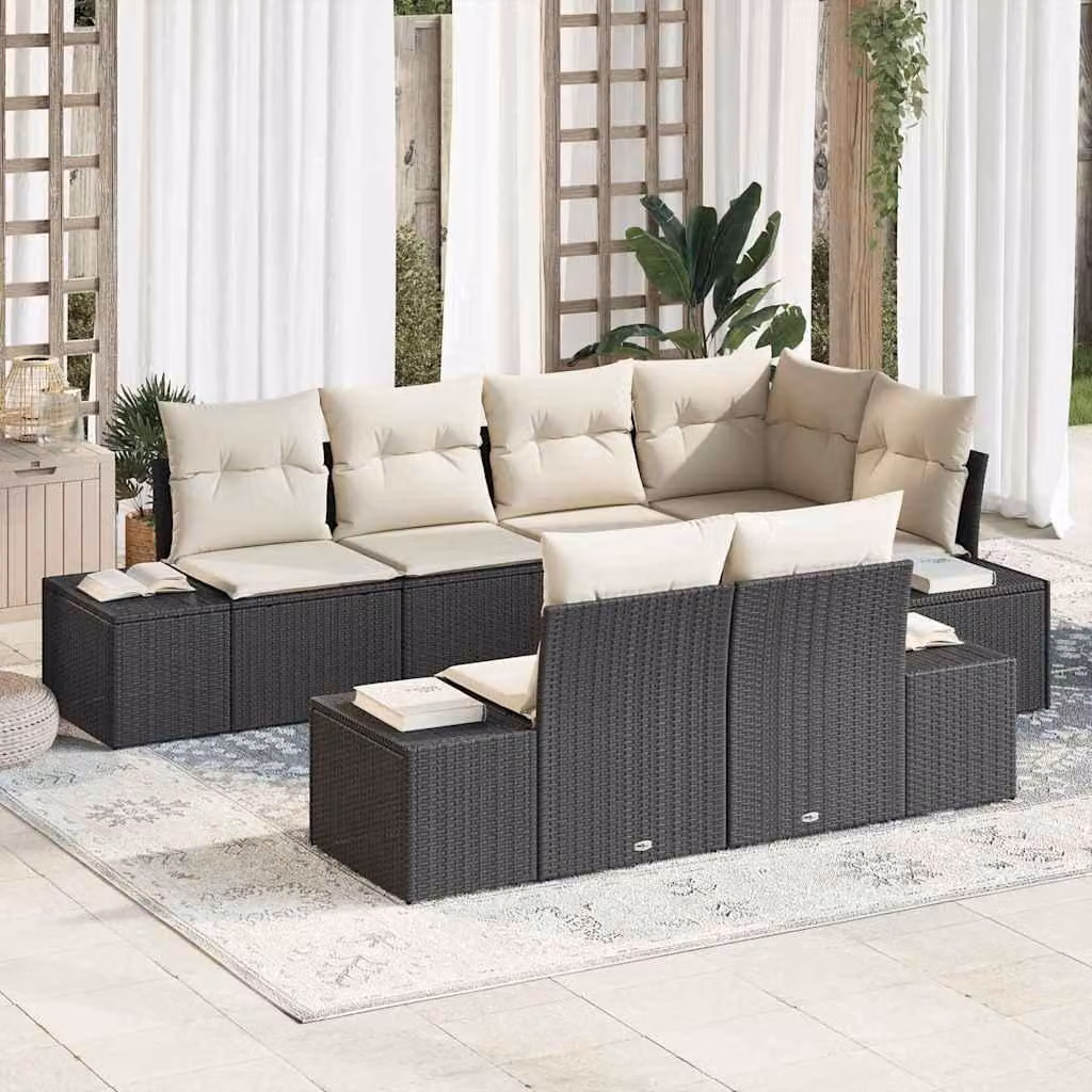 Maison Exclusive - Set da giardino composto da 7 pezzi. Divano e poltrone in rattan sintetico nero e crema