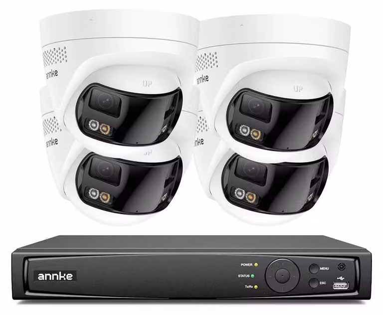 Kit di videosorveglianza a 8 canali – 4 telecamere Ultra HD da 8 megapixel – Visuale panoramica a 180° – Archiviazione da 4 TB – PoE
