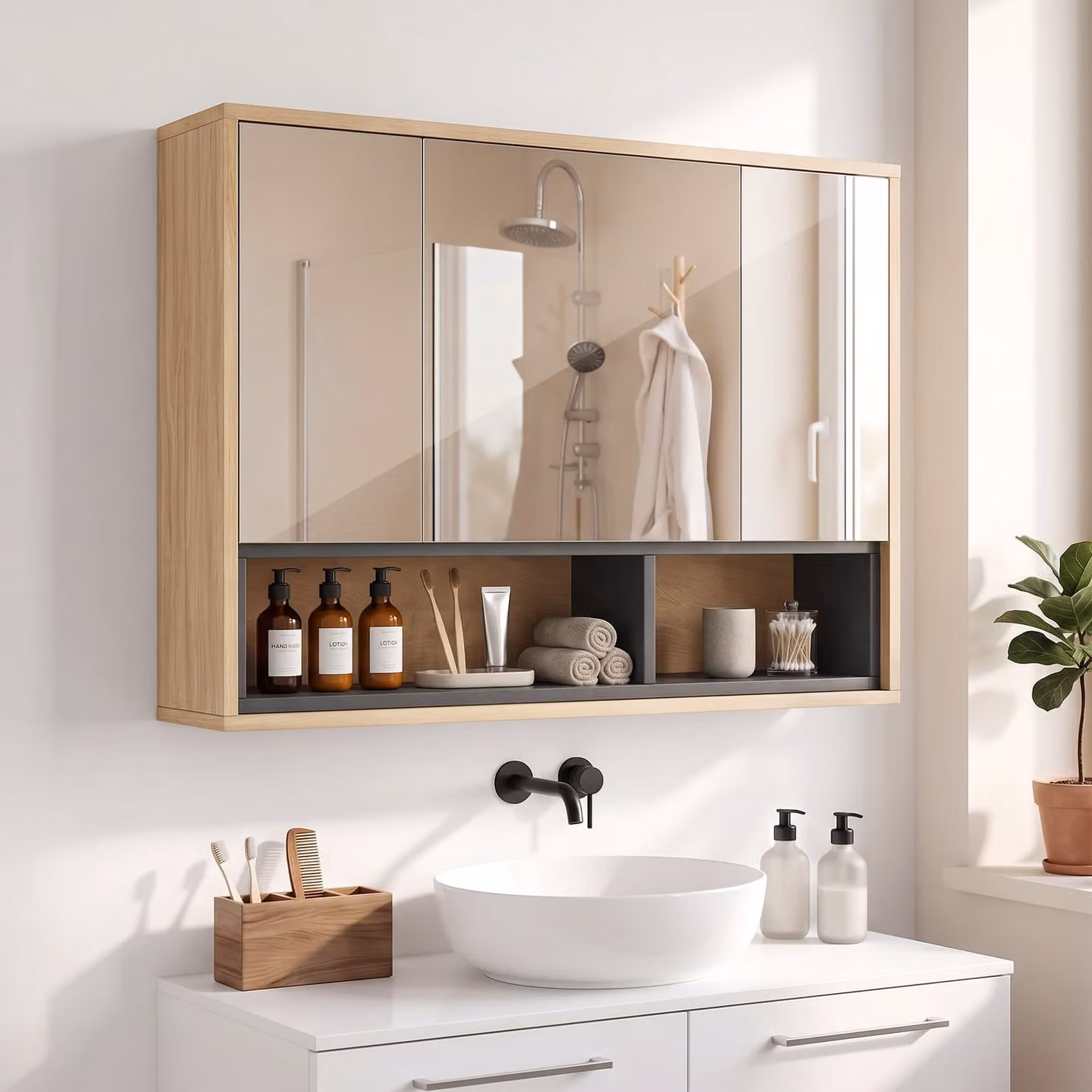 Mobile bagno da parete HOMCOM con specchio, 3 ante e 8 scomparti, colore rovere – 2