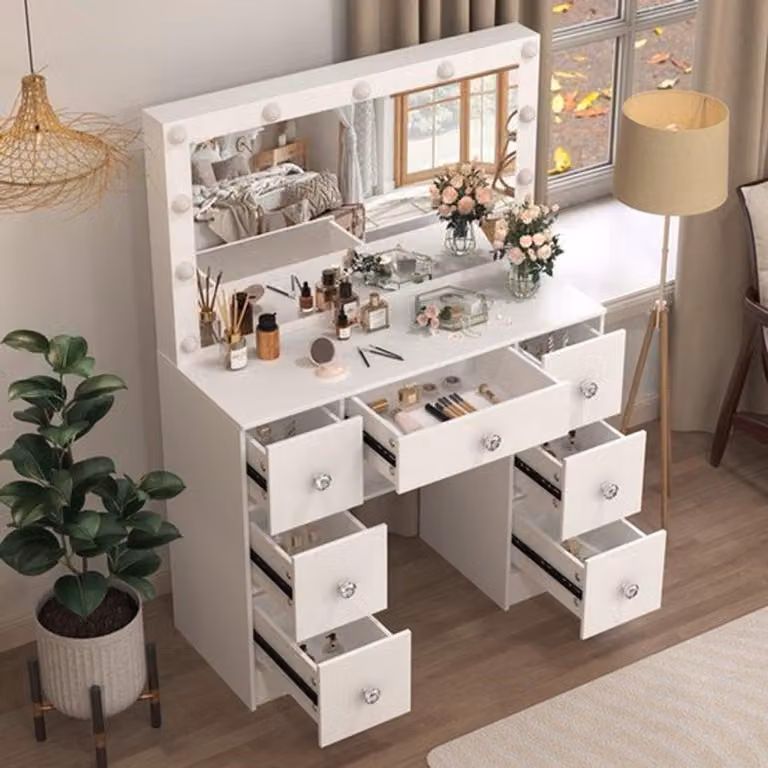 Comò con specchio a LED - 100x40x140 cm - Mobile moderno per la camera da letto con 7 cassetti, in MDF bianco