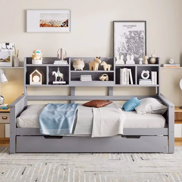Letto singolo estraibile 90 × 200 cm con vano portaoggetti e rete a doghe in legno grigio