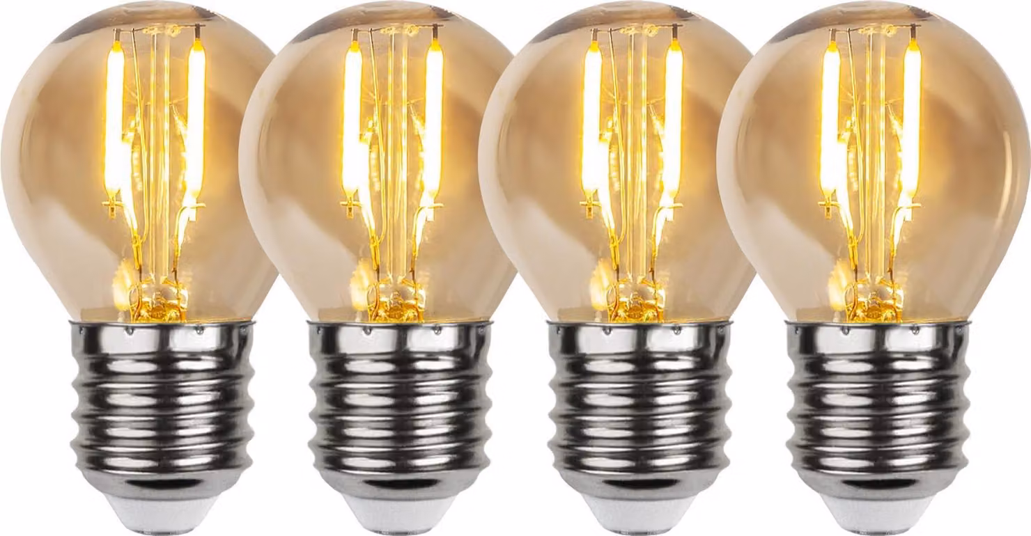 Lampada LED, attacco E27, modello G40, 24V, 2500K, 28 lumen, colore ambrato/argento