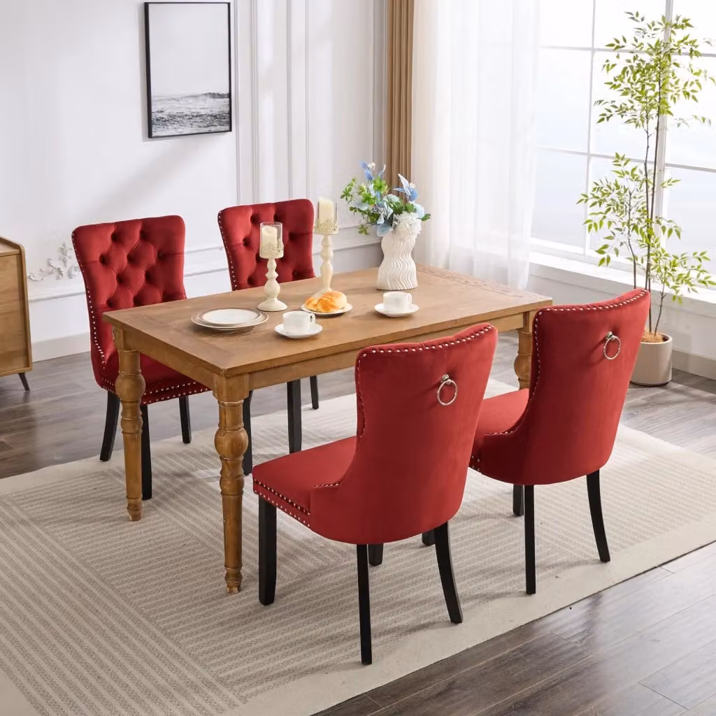 Set di 2 sedie da pranzo OKWISH in velluto rosso con schienale alto e borchie decorative per cucina e sala da pranzo – 2