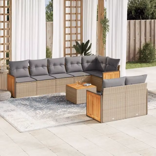 Set Divano da Giardino 9 pz con Cuscini Beige in Polyrattan 3260239