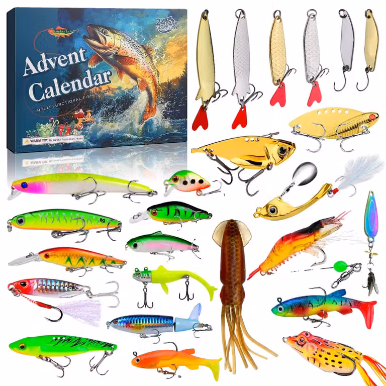 Calendario dell'Avvento Angelköder, con 24 esche uniche, perfetto per pescatori, confezione da 24 pezzi