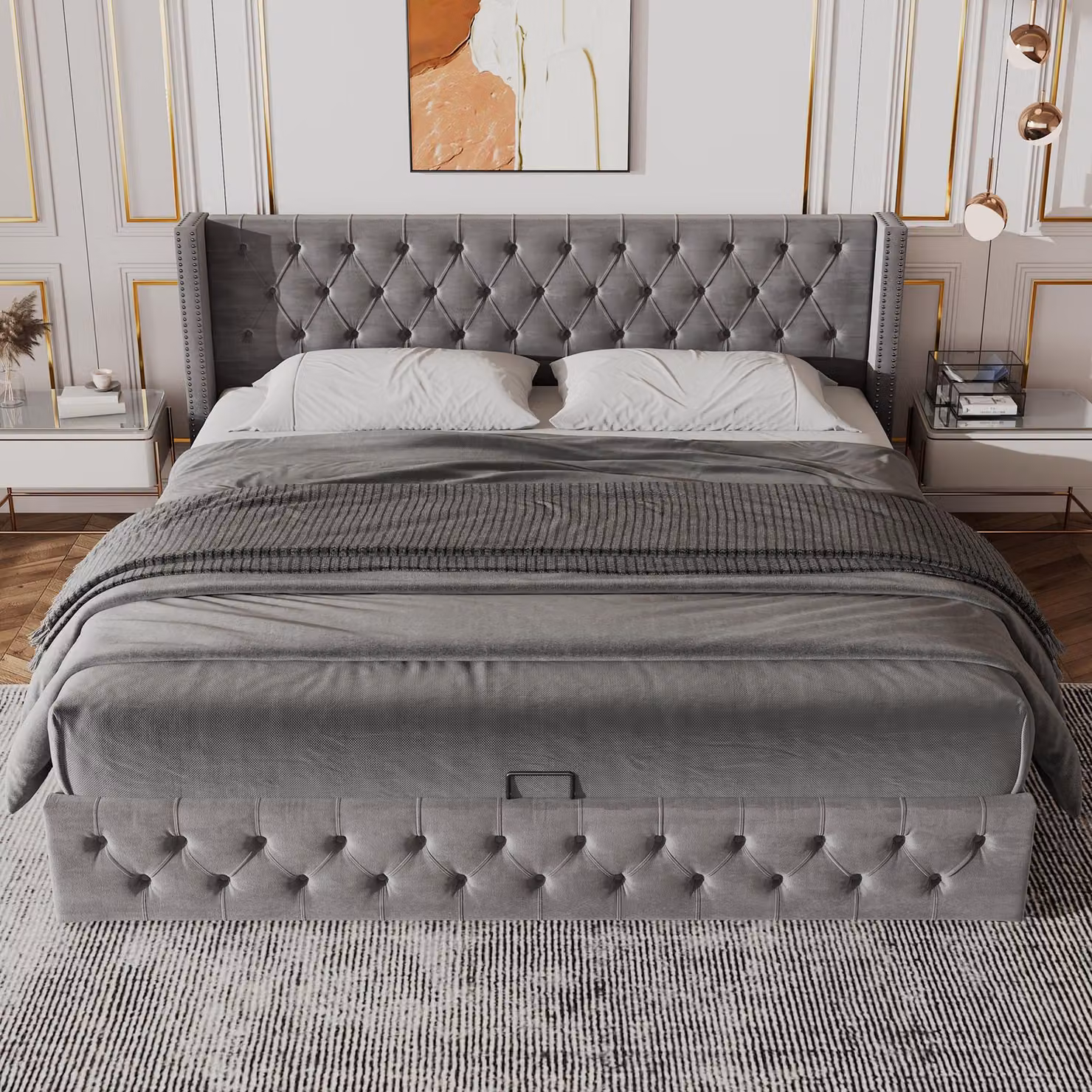 Letto imbottito 140x200 cm con spazio contenitore a sollevamento idraulico, testiera Chesterfield con capitonnage a bottoni e borchie, completo di rete a doghe, colore grigio