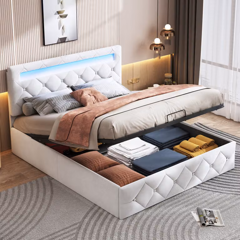 Letto matrimoniale ProximaX LED 160x200, contenitore, strisce luminose cambia colore, idraulico, color albicocca, senza materasso