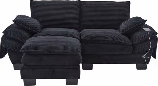 Sofa modulare a 2 posti in velluto con pouf, struttura ergonomica e schiuma ad alta densità, con porta USB-C e tasche laterali, nero