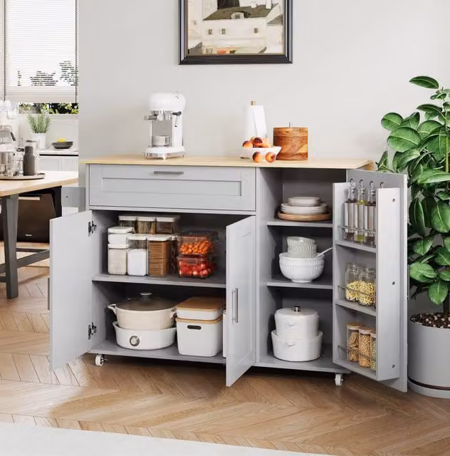 Carrello cucina mobile con piano pieghevole 132;5 x 44(70) x 90 cm in MDF grigio