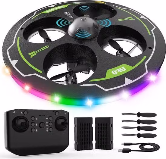 Drone RC Quadcopter con Evitamento Ostacoli e Capovolgimento 360°, Modello UFO Blu in Schiuma con Stabilizzazione dell'Altitudine e Luci LED per Principianti