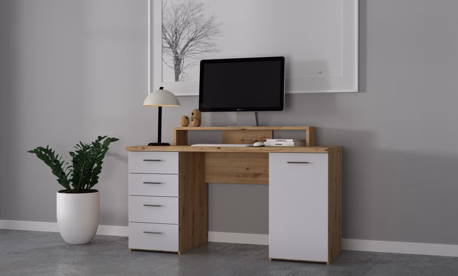 Scrivania >Net< in rovere Artisan e grigio chiaro - 145x90,7x60cm (LxAxP)