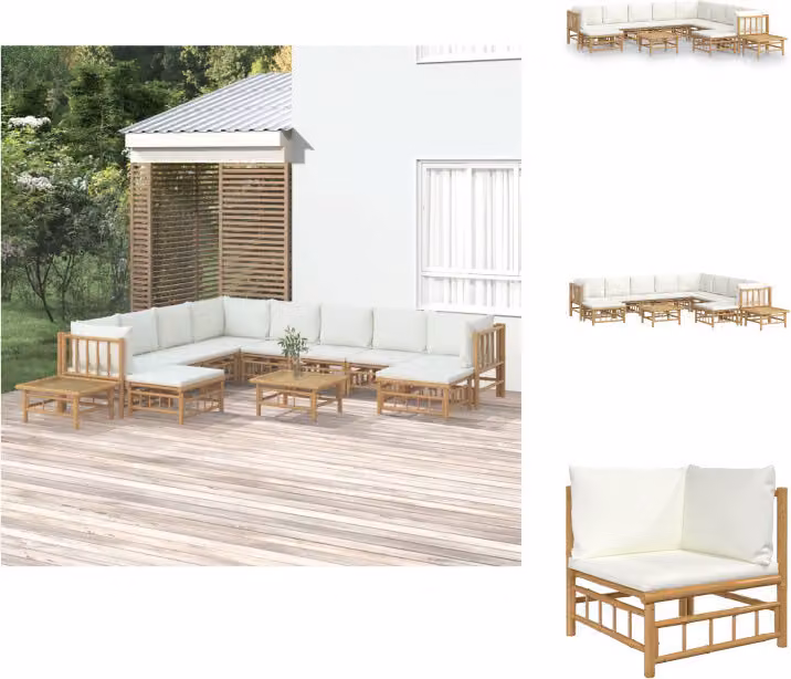 vidaXL Set di 12 pezzi per salotto da giardino con cuscini in bambù bianco crema - Set di mobili da giardino