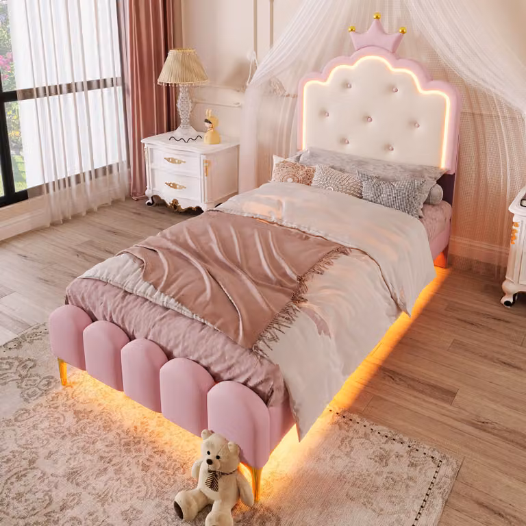 Letto imbottito STILVORA 90x200 per bambini senza materasso con rete a doghe, letto per ragazzi con luce d'atmosfera e telecomando, forma a principessa, rosa