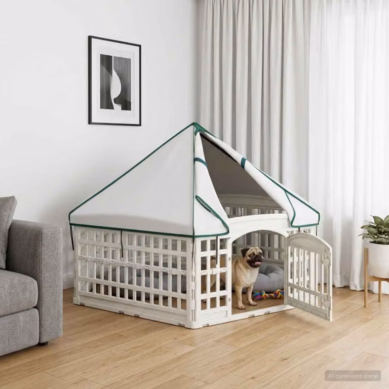 vidaXL Panchetto per Cani a 6 Pannelli in Plastica Bianca, L/P/H: 177,5 x 154,5 x 112 cm