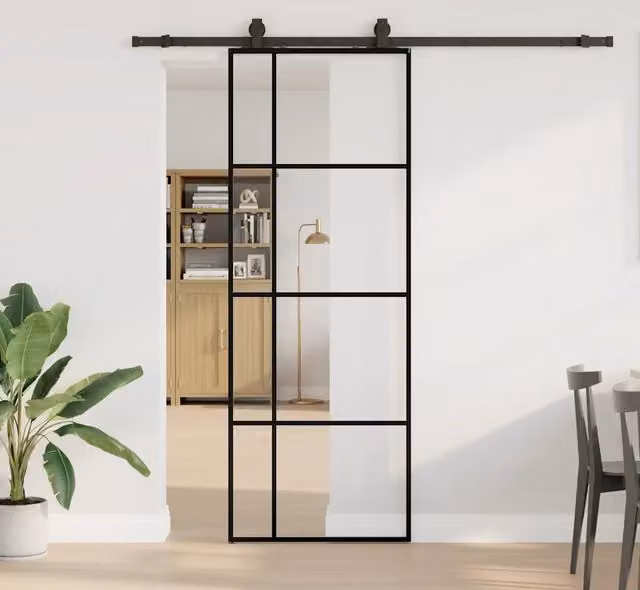 Porta Scorrevole Moderna VIDAXL in Vetro Trasparente con Ferramenta Nera in Alluminio L: 76 cm, H: 205 cm