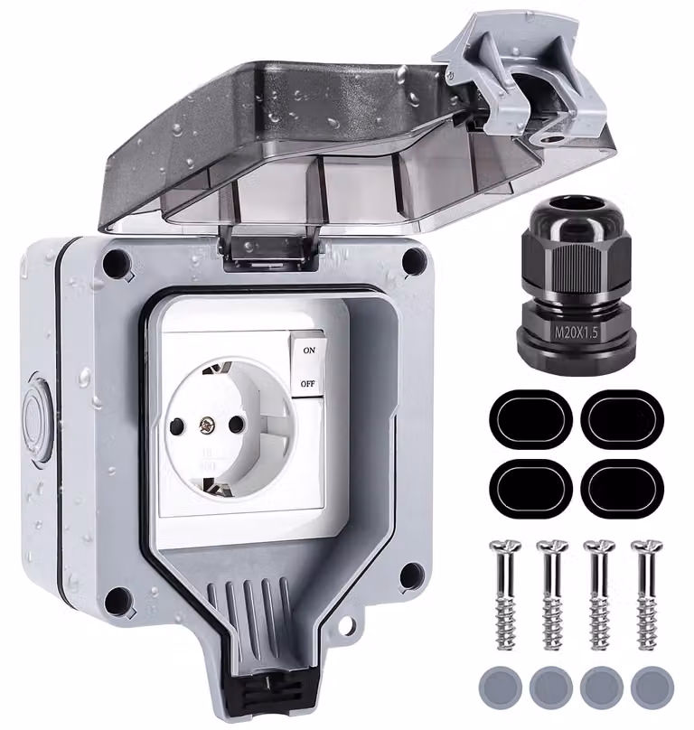 Presa esterna, grado di protezione IP66 (resistente all'acqua), dotata di dispositivi di sicurezza per bambini, colore nero, 1 presa, standard europeo, 220V