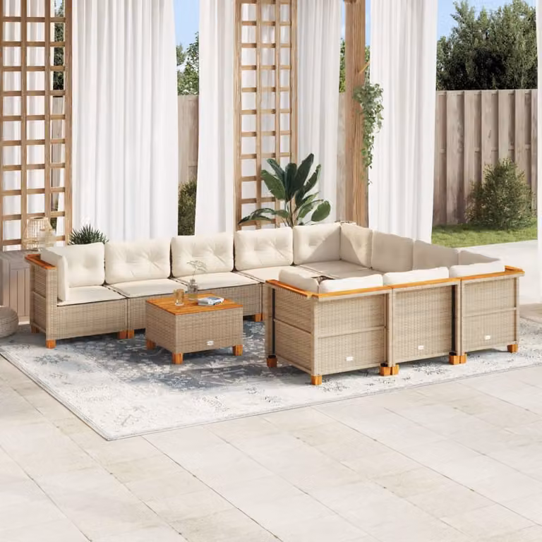 vidaXL Set Divani da Giardino 11 pz in Polyrattan con Cuscini Beige e Tavolino da Esterno