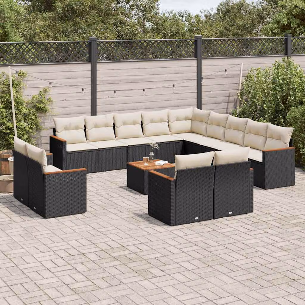 Set di divani da giardino vidaXL a forma di U con cuscini in polyrattan nero e tavolo da caffè coordinato – 1