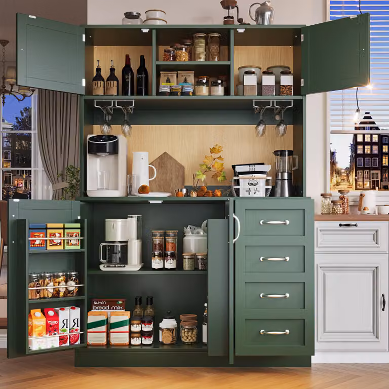 MODFU Mobile da cucina, credenza laterale con 2 grandi cassetti e spazio aperto, armadio contenitore, armadio alto con illuminazione a LED e ripiano contenitore, ampio spazio contenitivo, verde
