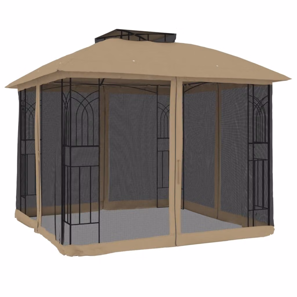 Gazebo con Tetto Doppio/Pareti Rete Tortora 2,94x2,94 m Acciaio