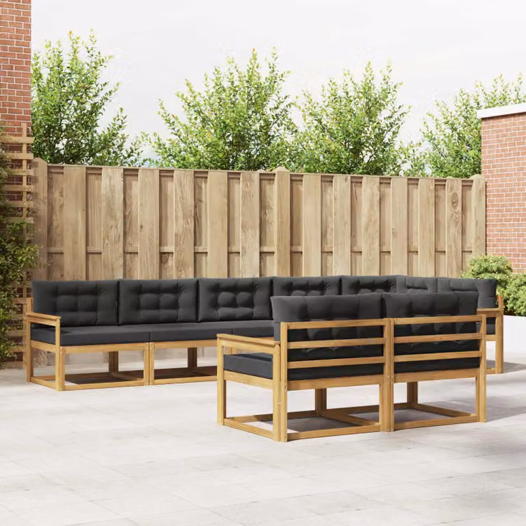 Set di divani da esterno vidaXL a forma di L composto da 6 pezzi in legno di acacia con cuscini bianchi e antracite in poliestere resistente ai raggi UV