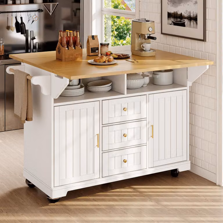 MODFU Isola da cucina con cassetti, pensile da cucina con piano pieghevole e spazio contenitivo, 120x40x95 cm, carrello di servizio con ruote, bianco